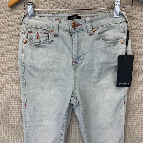NWT True Religion Halle Jeans Women 26 High Rise Super Skinny Pink Stitching - Picture 3 of 12